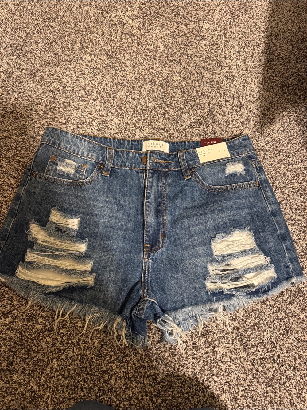 High-Rise Distressed Denim Shorts - Blue